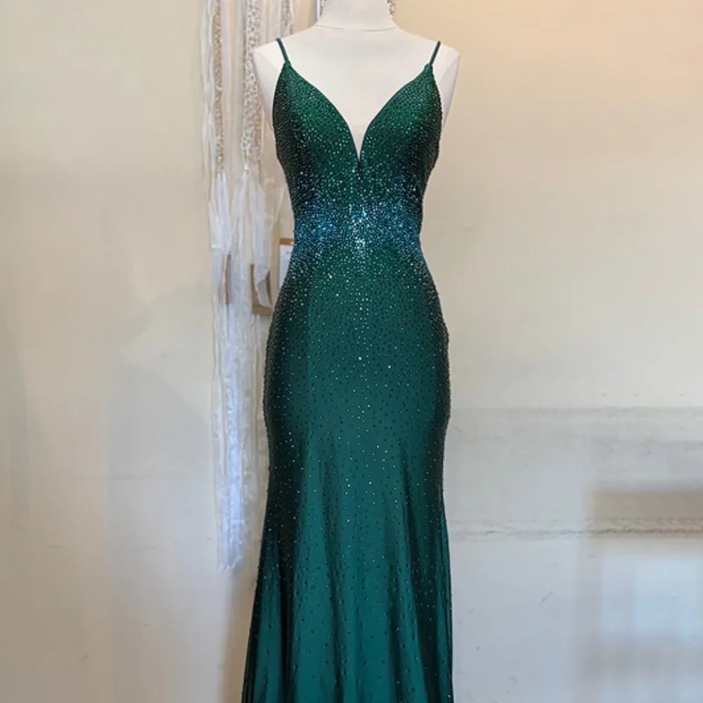 EMERALD GREEN OPEN BACK BEADED SLEEVELESS PROM PARTY SHEATH LONG GOWN ac390